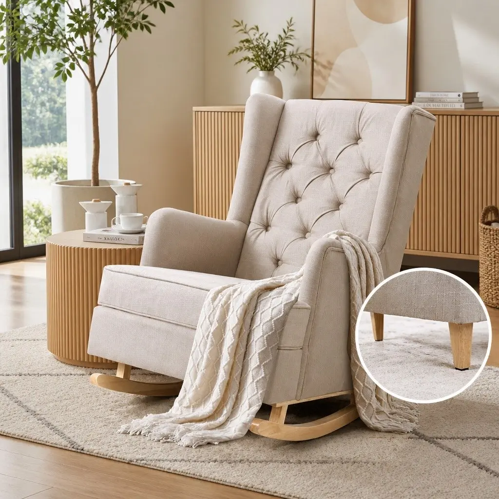 Rocking Chair Armchair Beige Linen Fabric Convertible Stationary Wingback Design