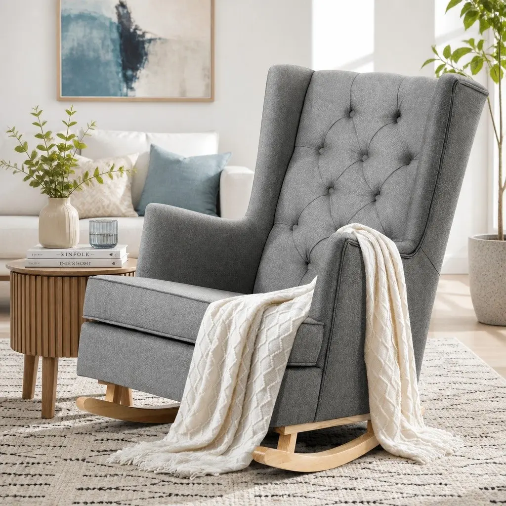 Grey Linen Rocking Chair Armchair