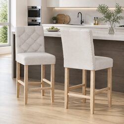 Linen Upholstered Bar Stools Set of 2 with High Backrest
