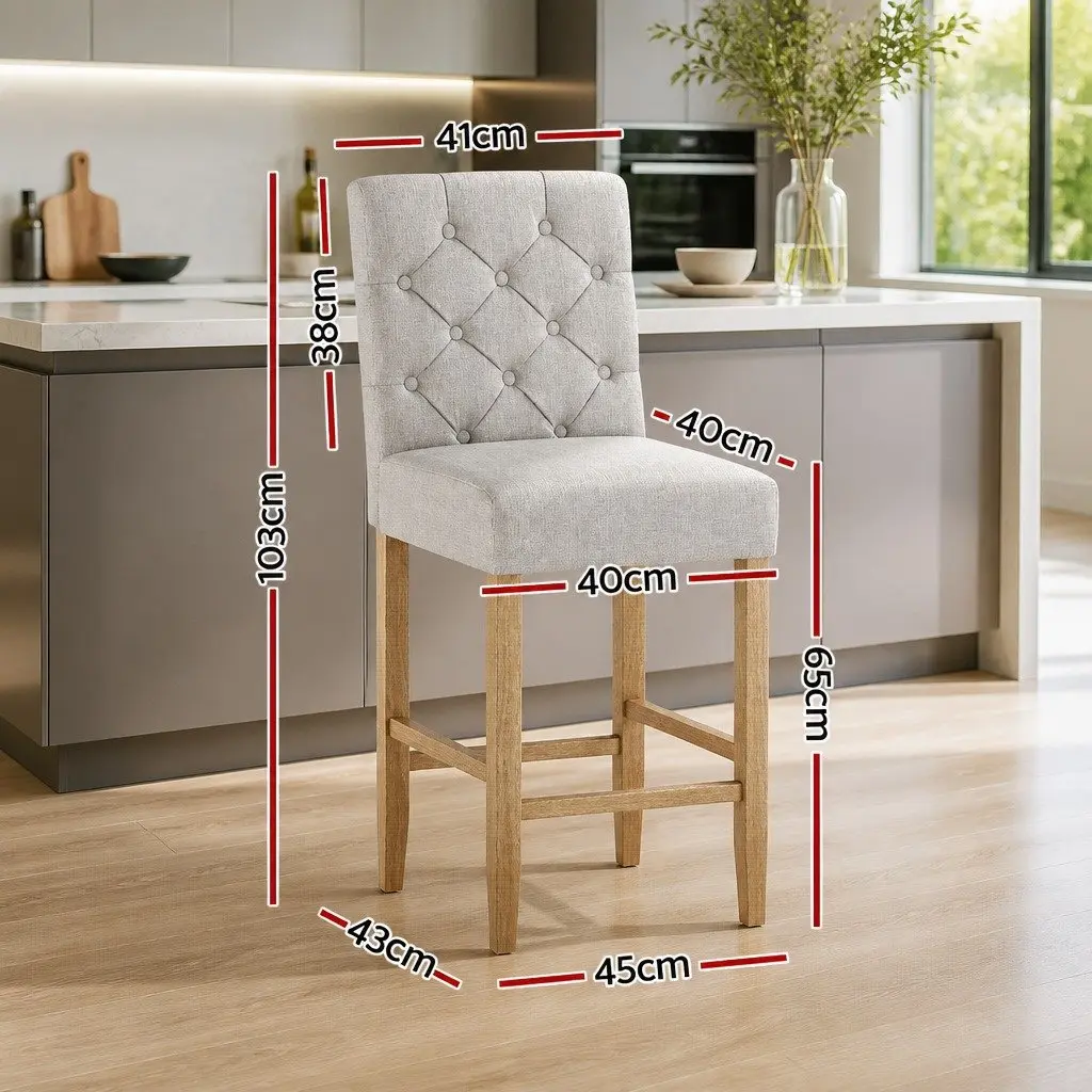 Bar Stools Tufted Button Linen Upholstered High Backrest Beige Wooden Frame Set of 2