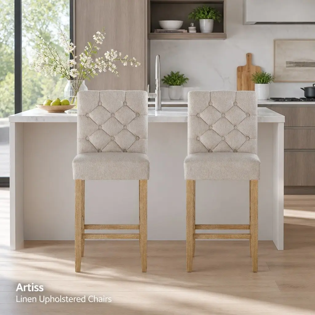 Bar Stools Tufted Button Linen Upholstered High Backrest Beige Wooden Frame Set of 2