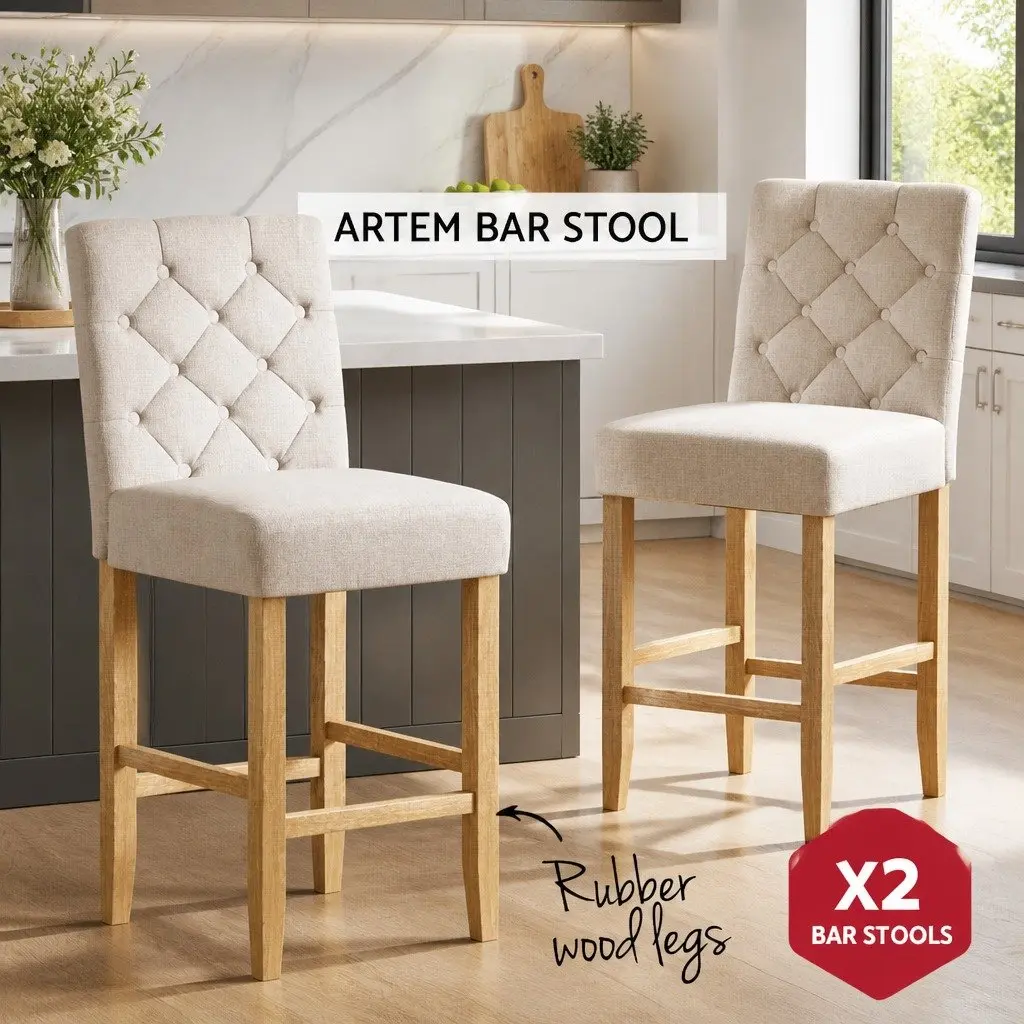 Bar Stools Tufted Button Linen Upholstered High Backrest Beige Wooden Frame Set of 2