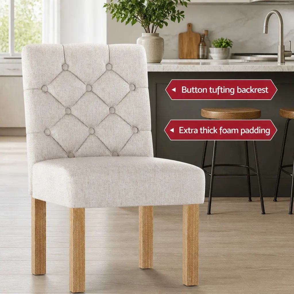 Bar Stools Tufted Button Linen Upholstered High Backrest Beige Wooden Frame Set of 2