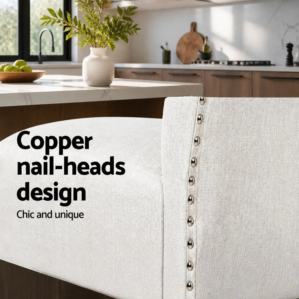 Bar Stools Tufted Button Linen Upholstered High Backrest Beige Wooden Frame Set of 2