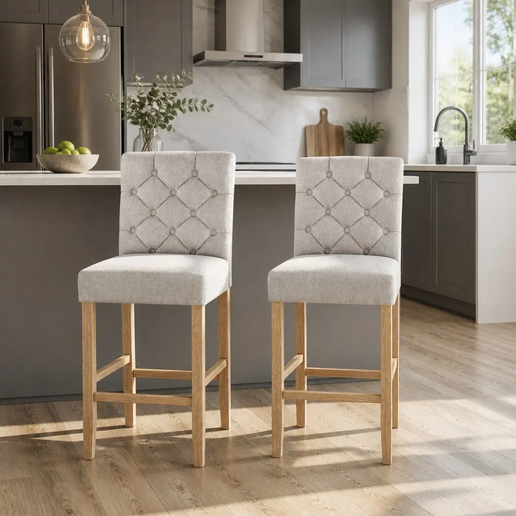 Bar Stools Tufted Button Linen Upholstered High Backrest Beige Wooden Frame Set of 2