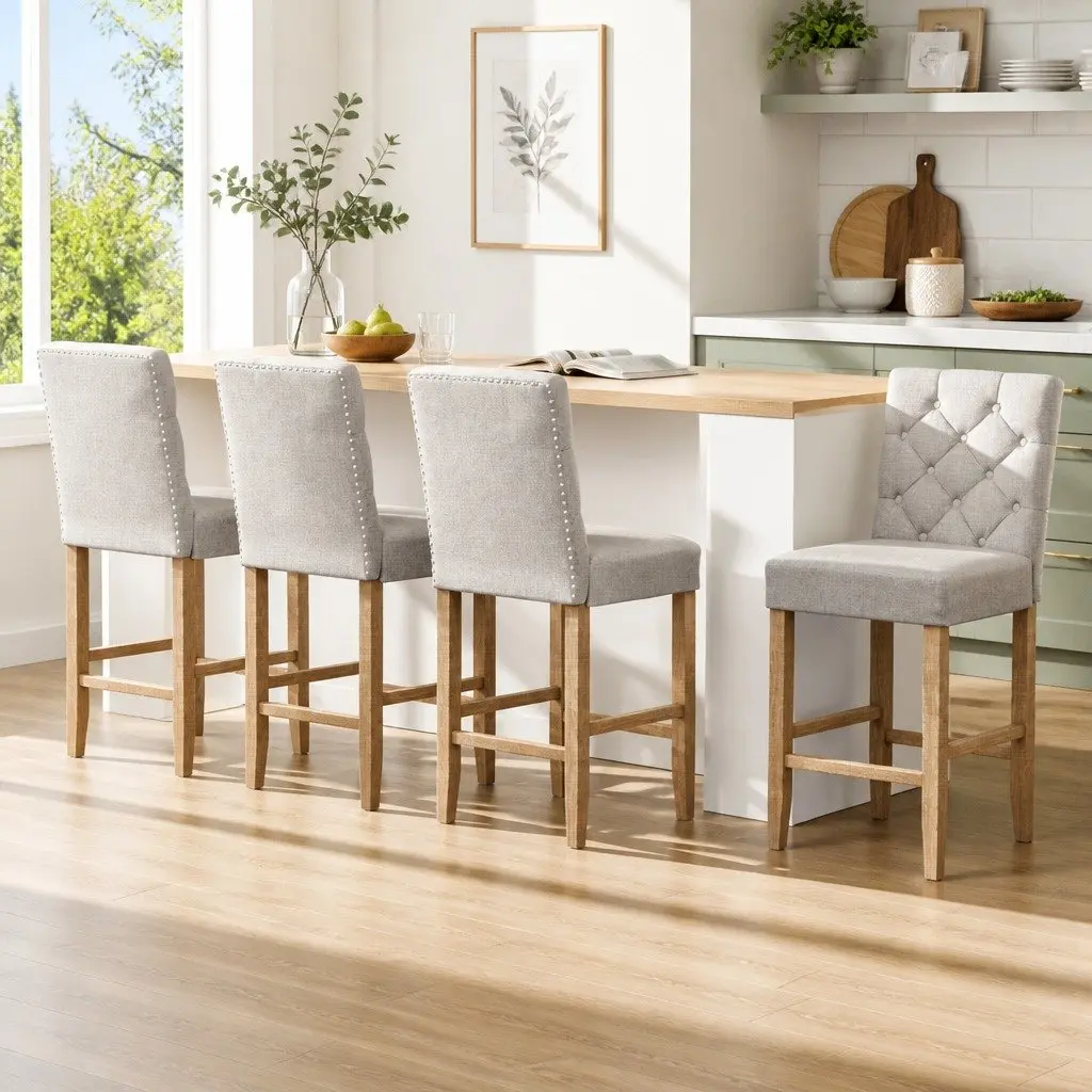 Bar Stools Linen Upholstered High Backrest Footrest Set of 4