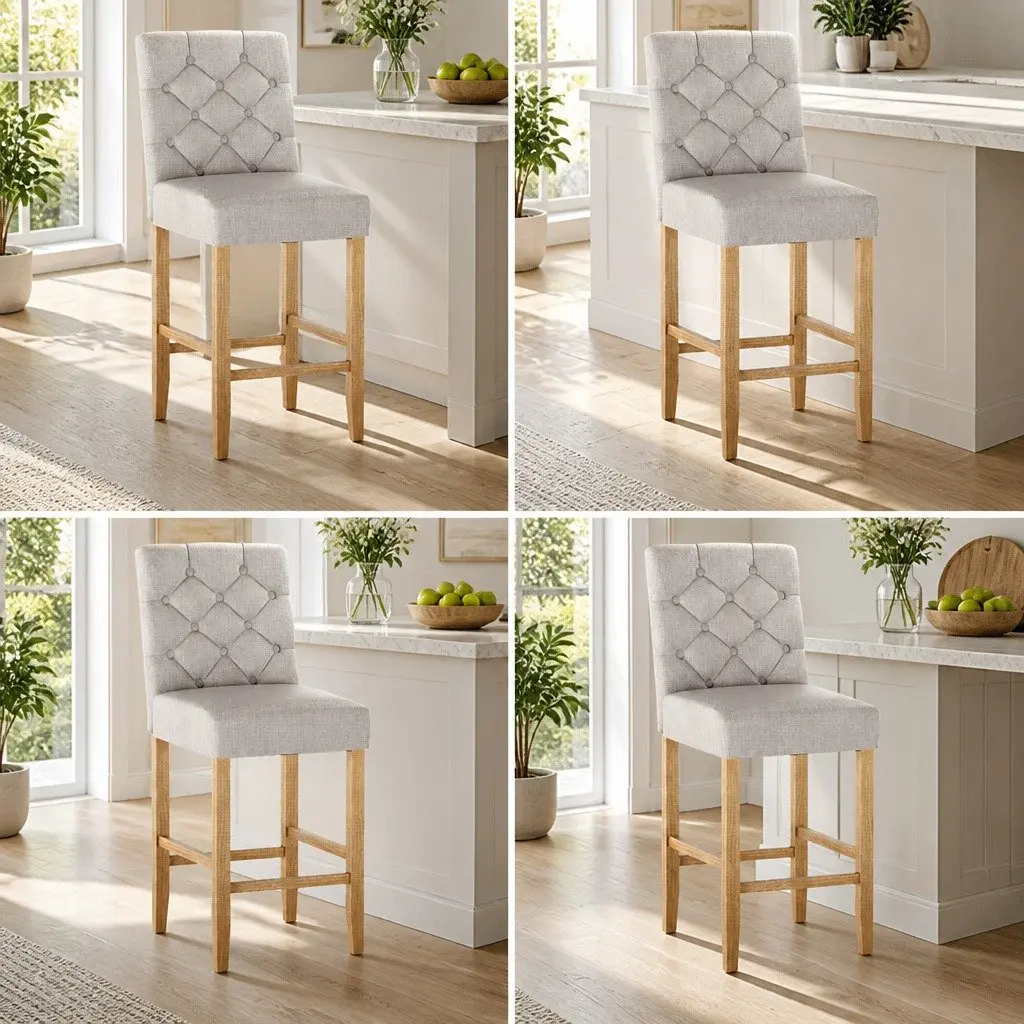 Bar Stools Linen Upholstered High Backrest Footrest Set of 4