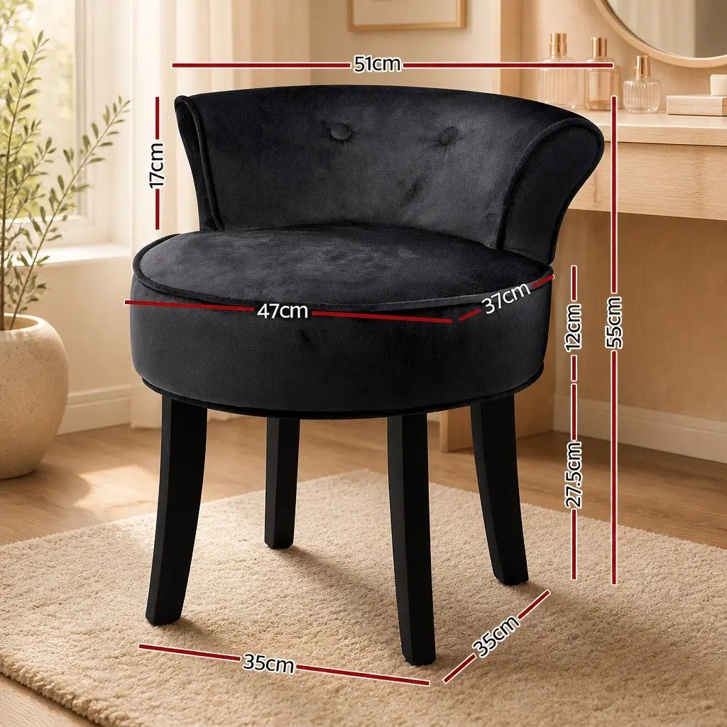 Black Velvet Vanity Stool with Button Tufted Backrest
