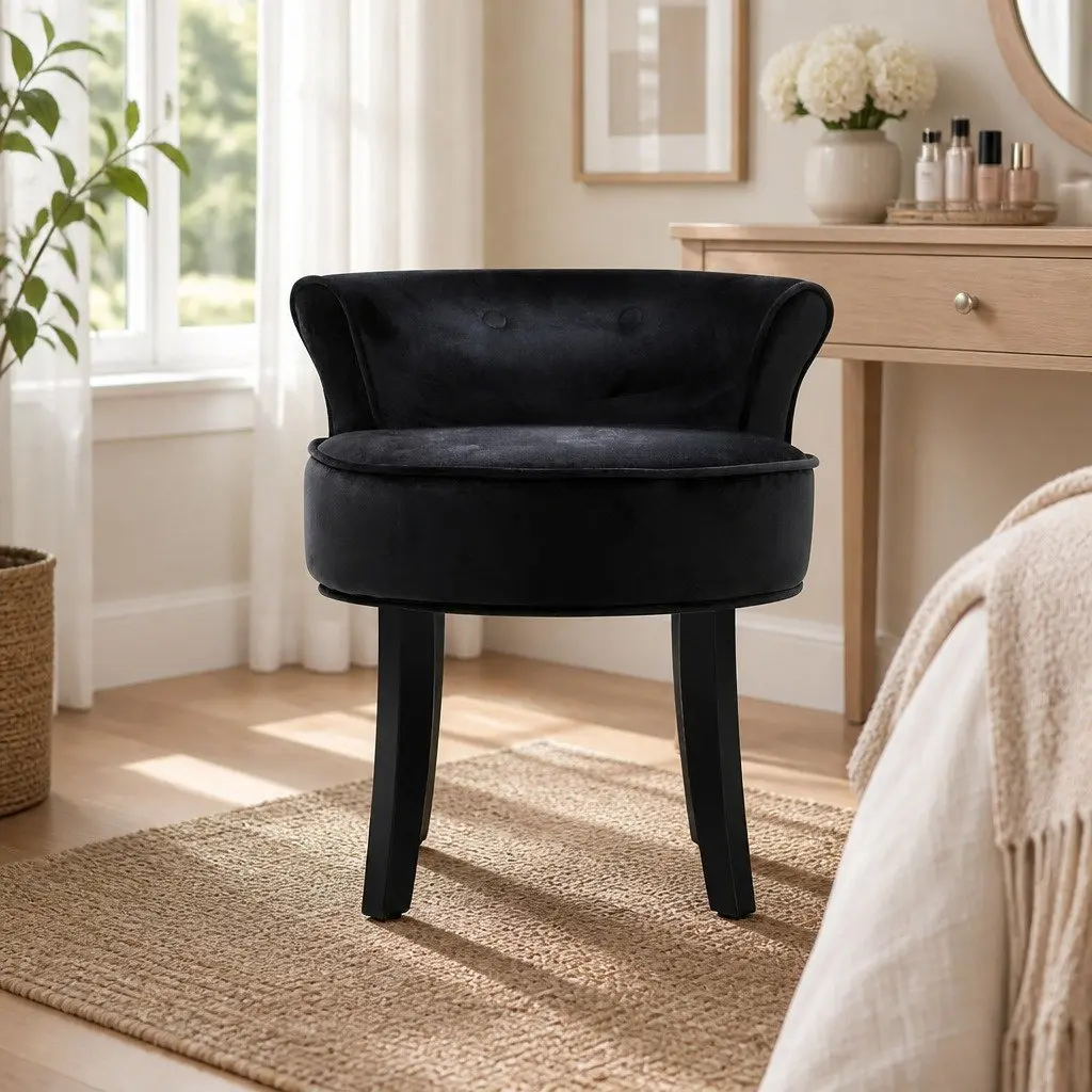 Black Velvet Vanity Stool with Button Tufted Backrest