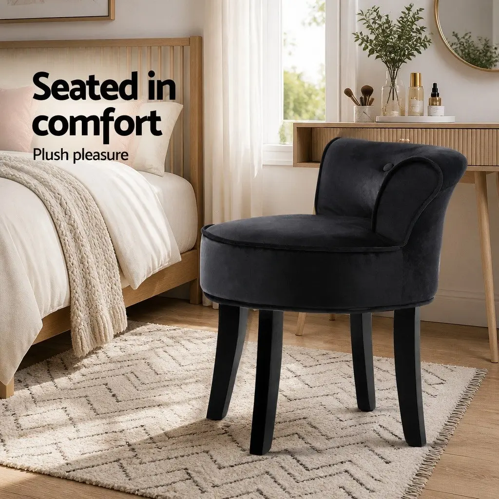 Black Velvet Vanity Stool with Button Tufted Backrest
