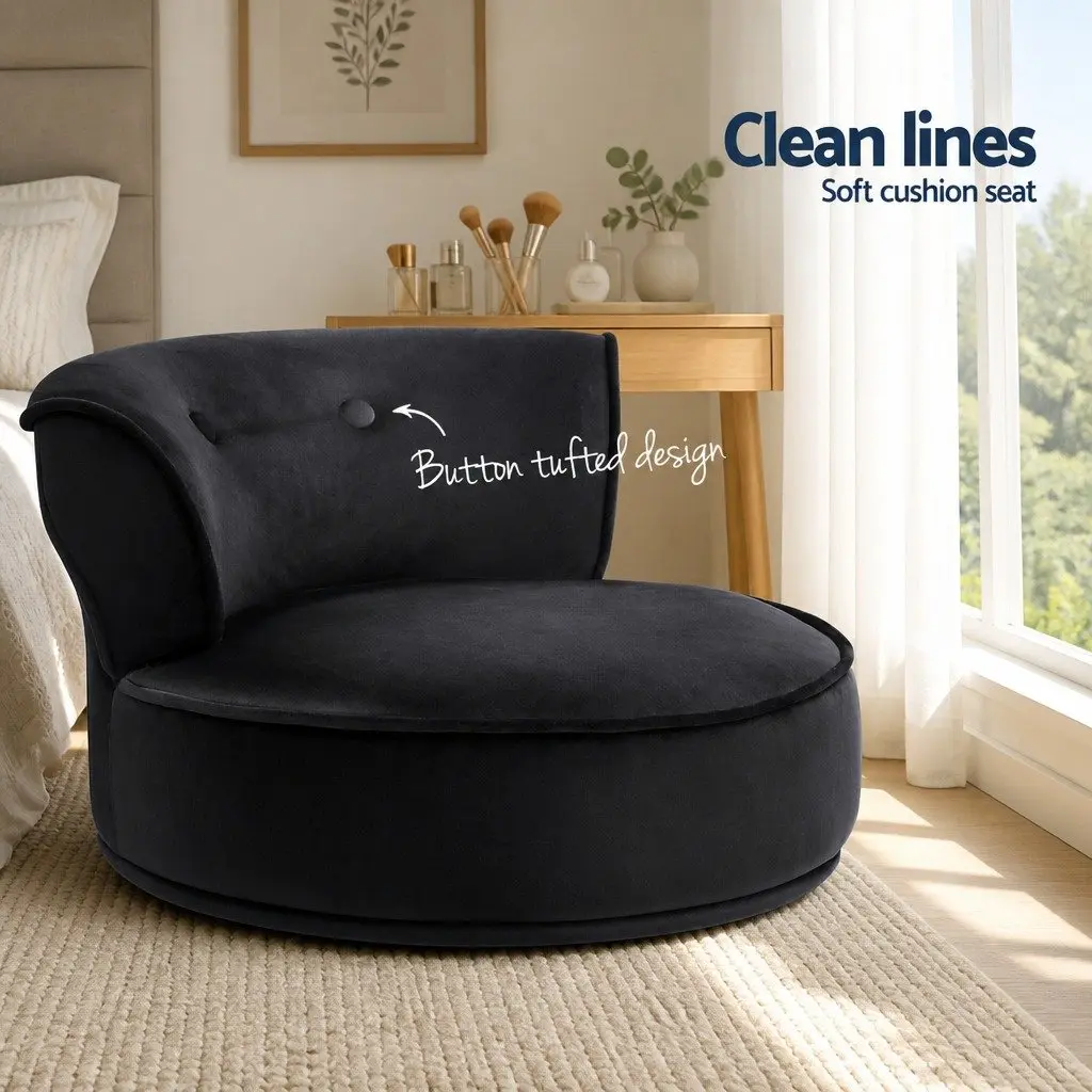 Black Velvet Vanity Stool with Button Tufted Backrest
