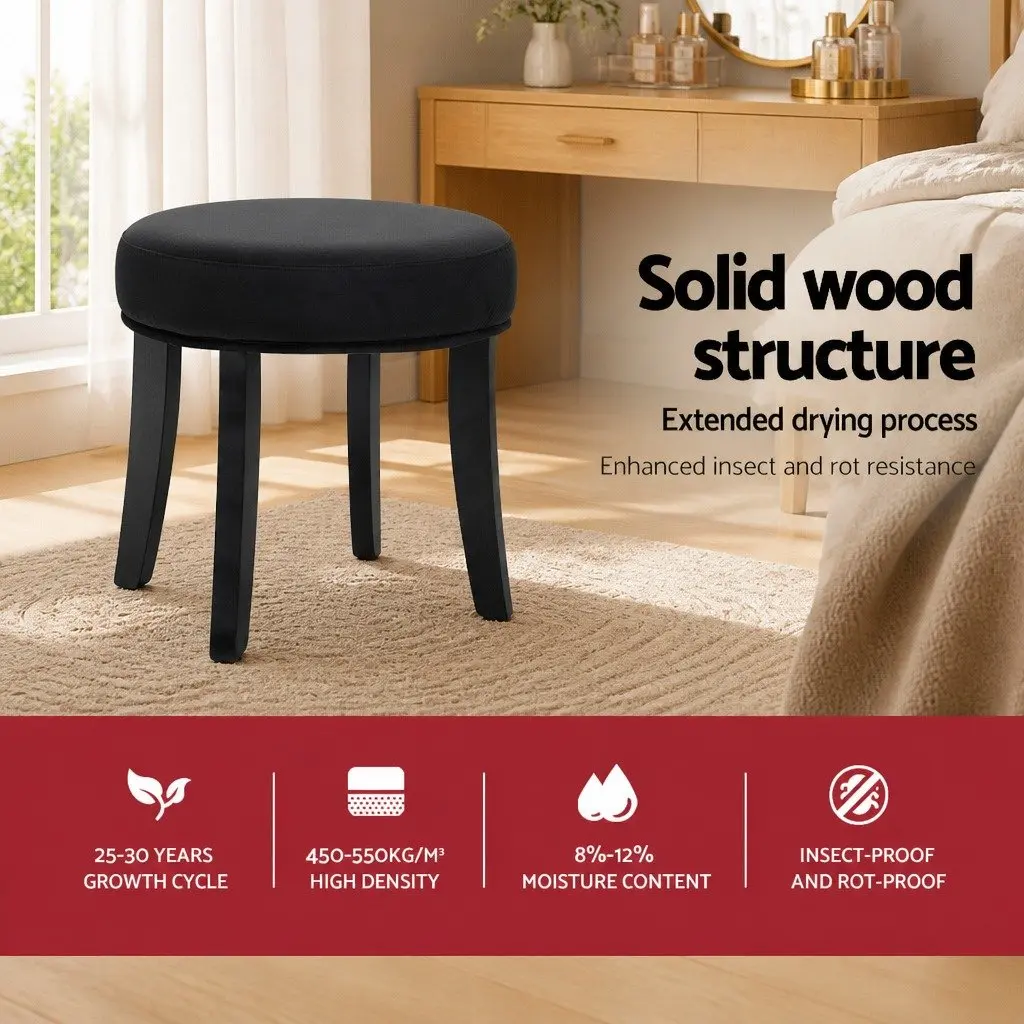 Black Velvet Vanity Stool with Button Tufted Backrest