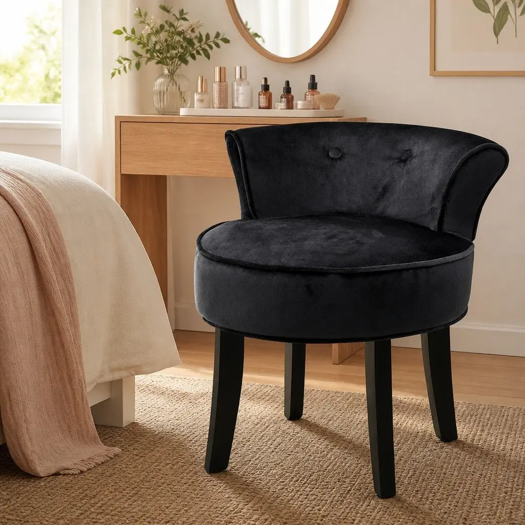 Black Velvet Vanity Stool with Button Tufted Backrest