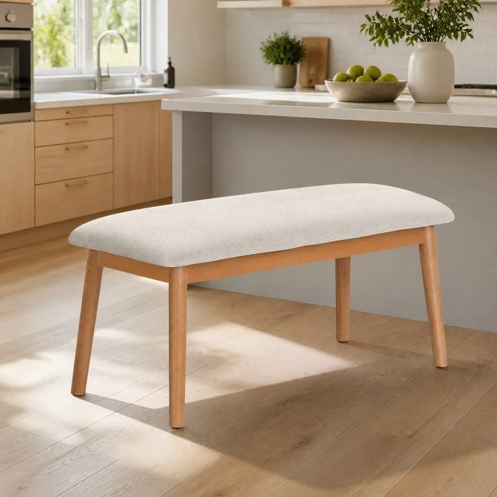 Upholstered Dining Bench with Wooden Legs 106cm Beige