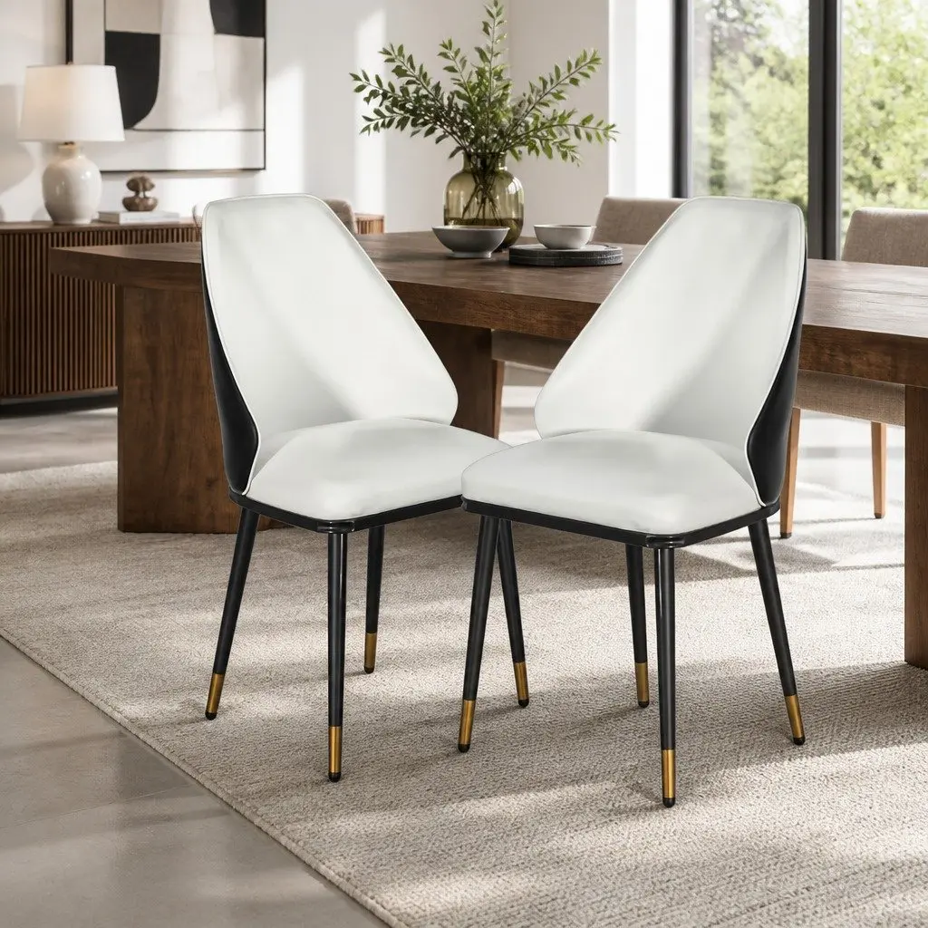 Dining Chairs Set of 2 Beige Black PU Leather Seat Steel Legs Contoured Backrest
