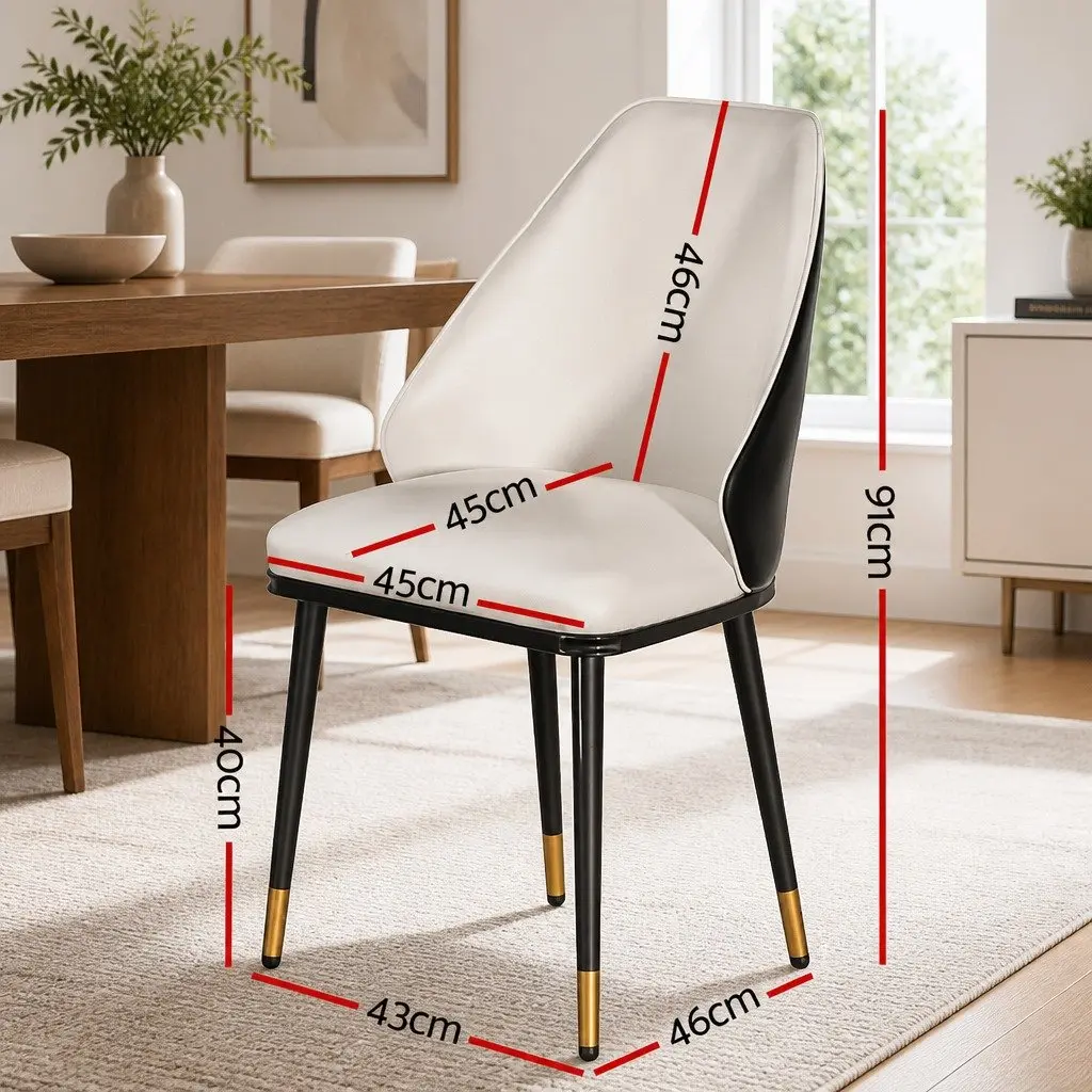 Dining Chairs Set of 2 Beige Black PU Leather Seat Steel Legs Contoured Backrest