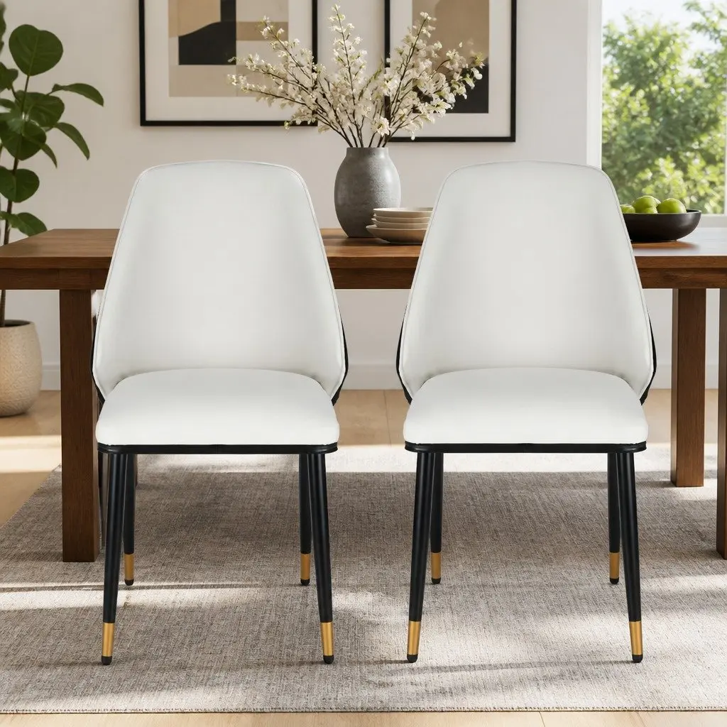 Dining Chairs Set of 2 Beige Black PU Leather Seat Steel Legs Contoured Backrest