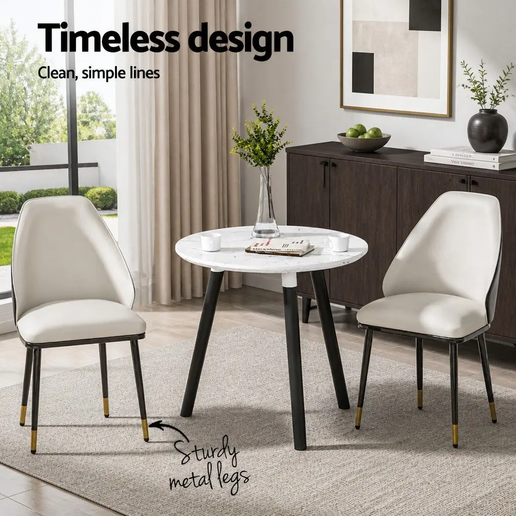 Dining Chairs Set of 2 Beige Black PU Leather Seat Steel Legs Contoured Backrest