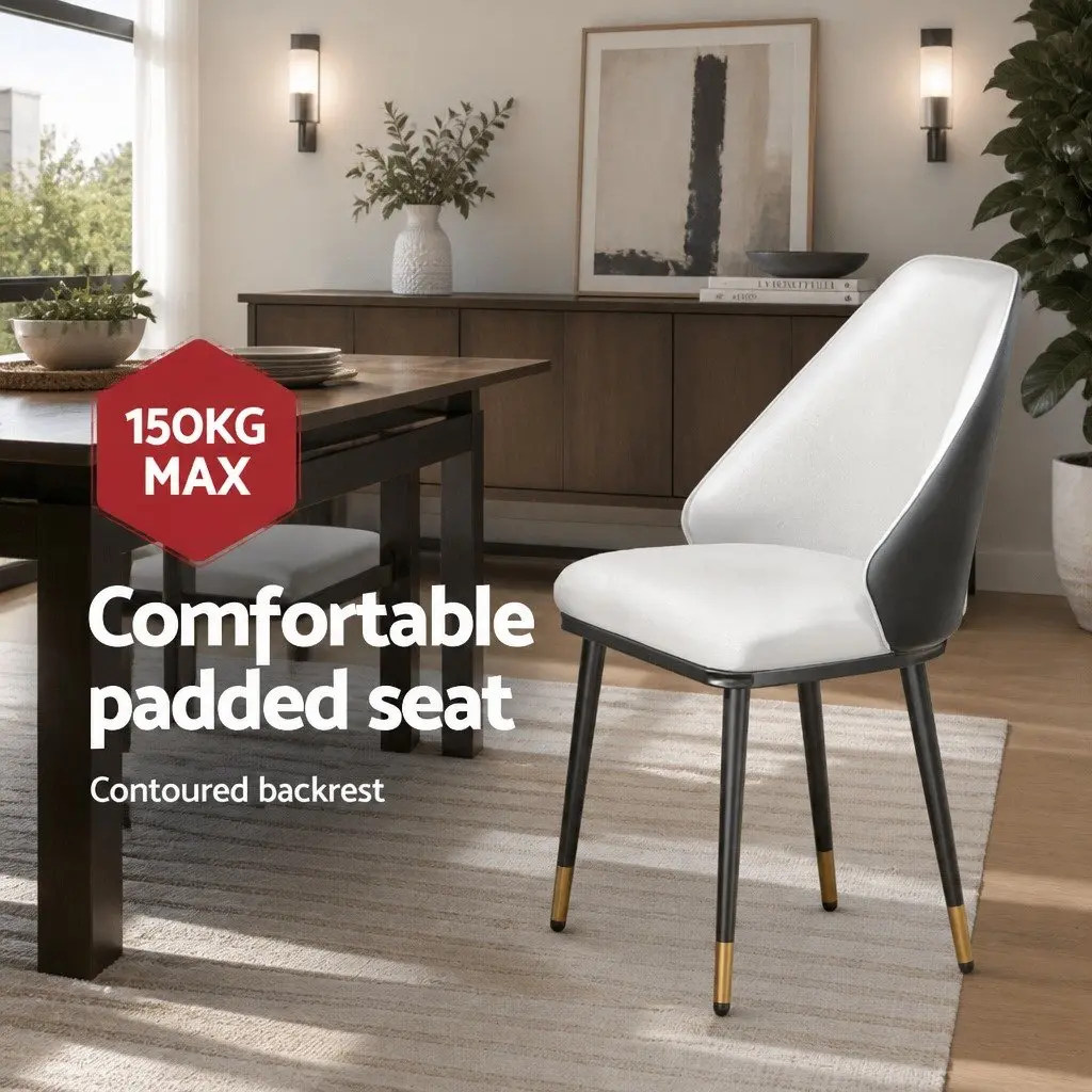 Dining Chairs Set of 2 Beige Black PU Leather Seat Steel Legs Contoured Backrest