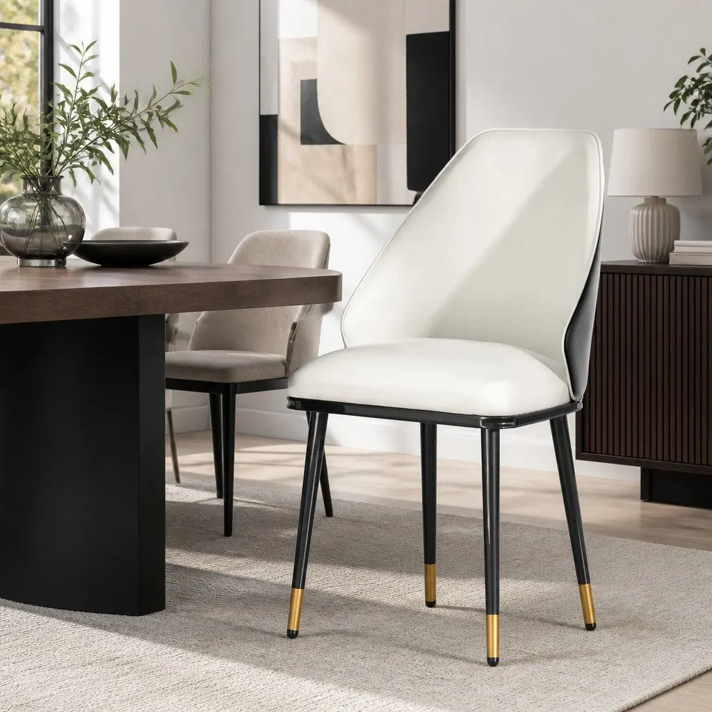 Dining Chairs Set of 2 Beige Black PU Leather Seat Steel Legs Contoured Backrest
