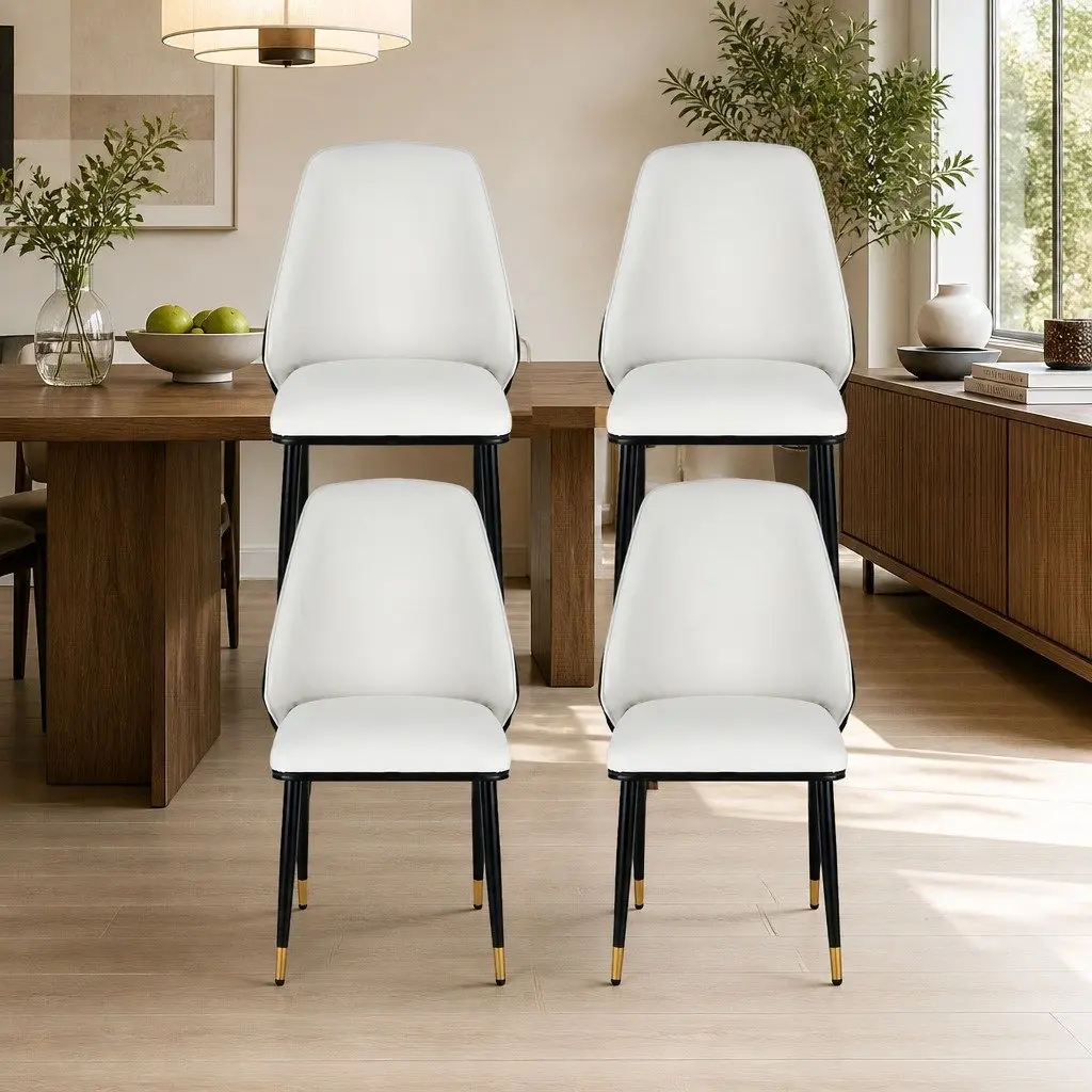Dining Chairs Modern PU Leather Seat Set of 4 Steel Frame Beige and Black