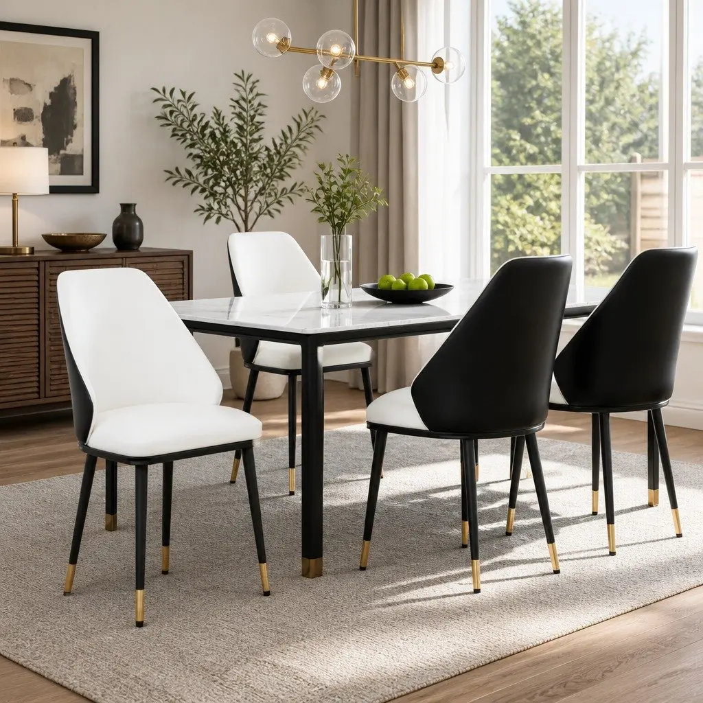 Dining Chairs Modern PU Leather Seat Set of 4 Steel Frame Beige and Black