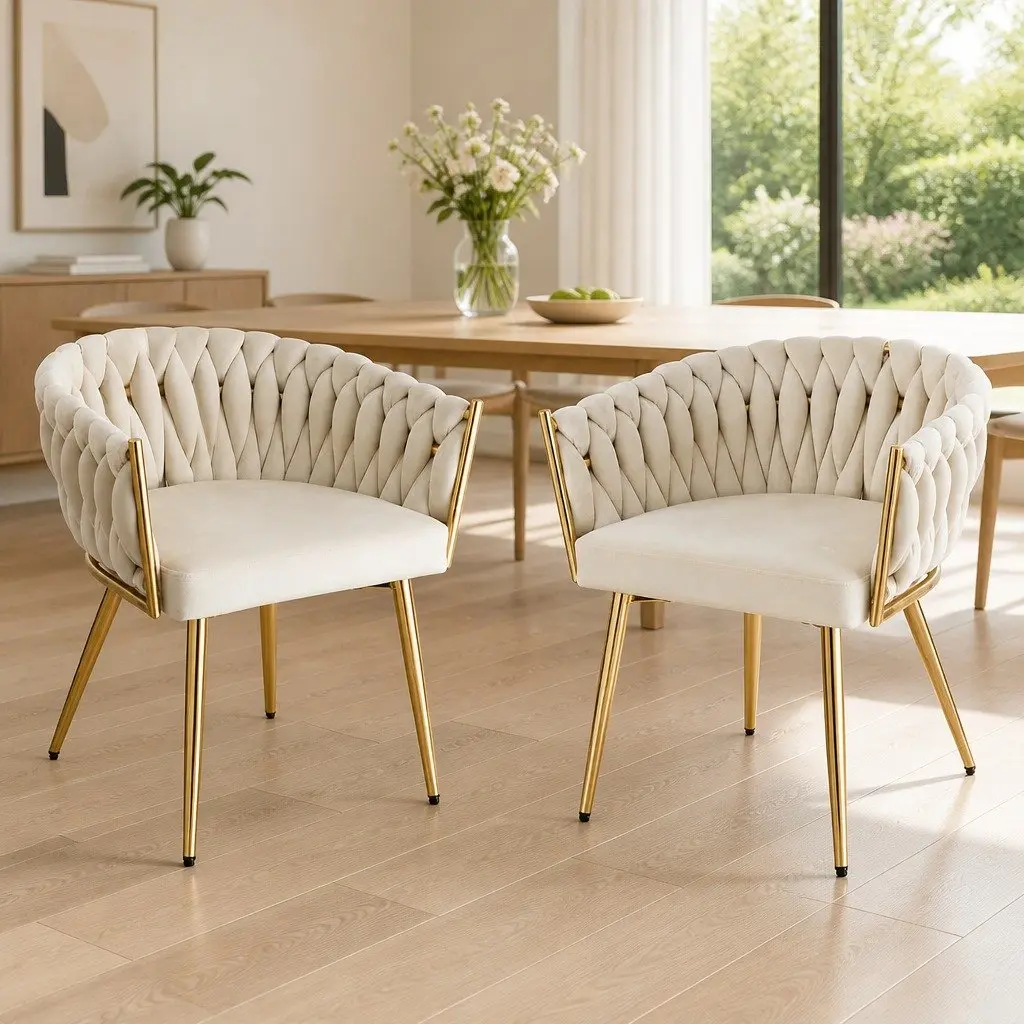 Set of 2 Beige Velvet Dining Chairs with Steel Legs