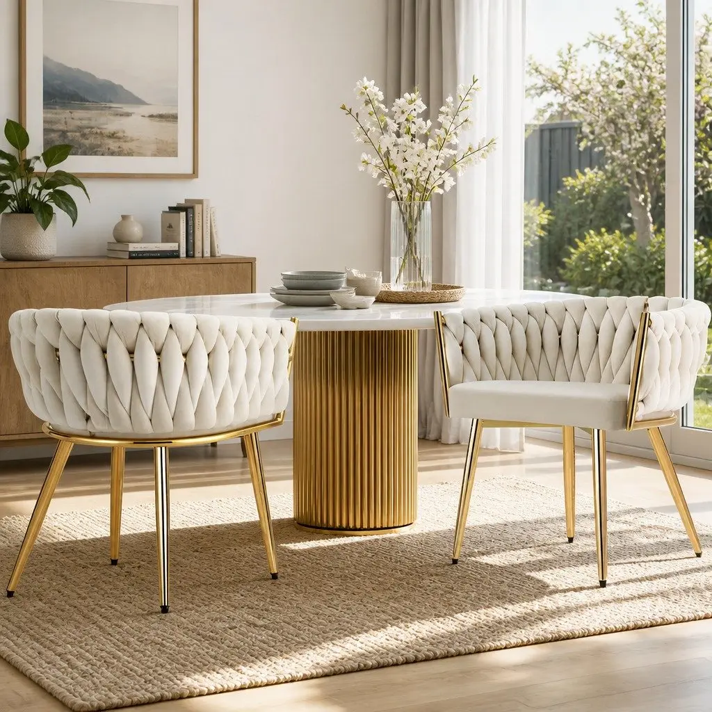Set of 2 Beige Velvet Dining Chairs with Steel Legs