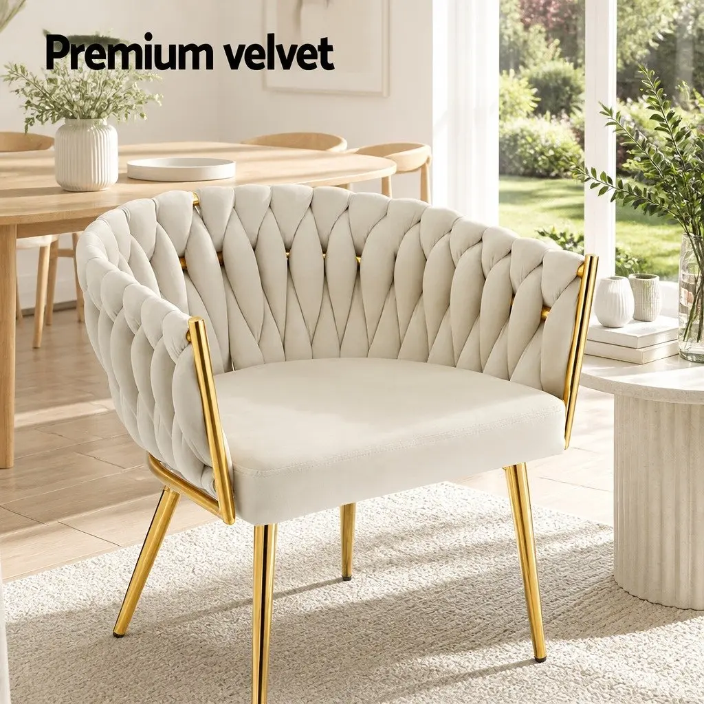 Set of 2 Beige Velvet Dining Chairs with Steel Legs