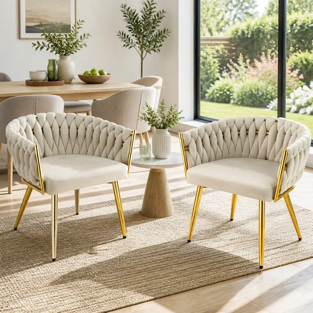 Set of 2 Beige Velvet Dining Chairs with Steel Legs