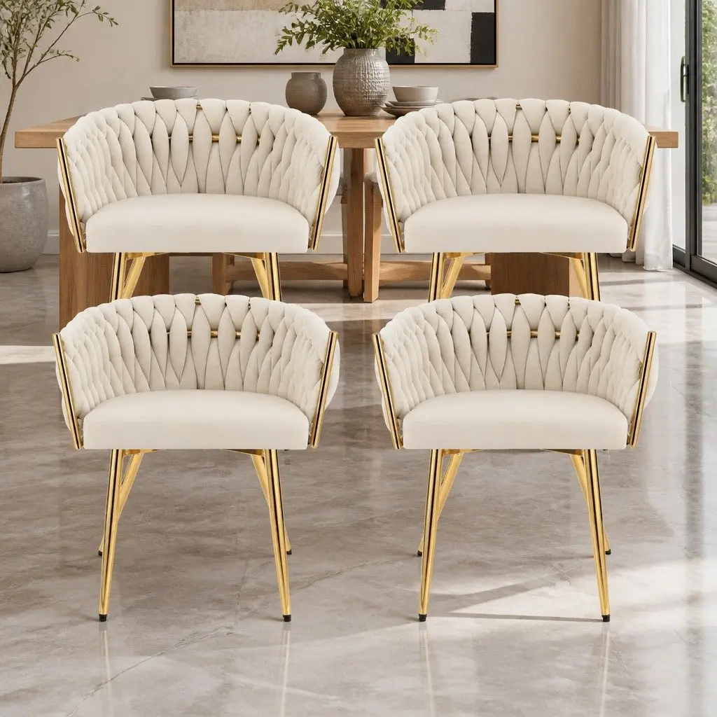 Beige Velvet Dining Chairs Set of 4 Armchair Kitchen Lounge Seat Furniture