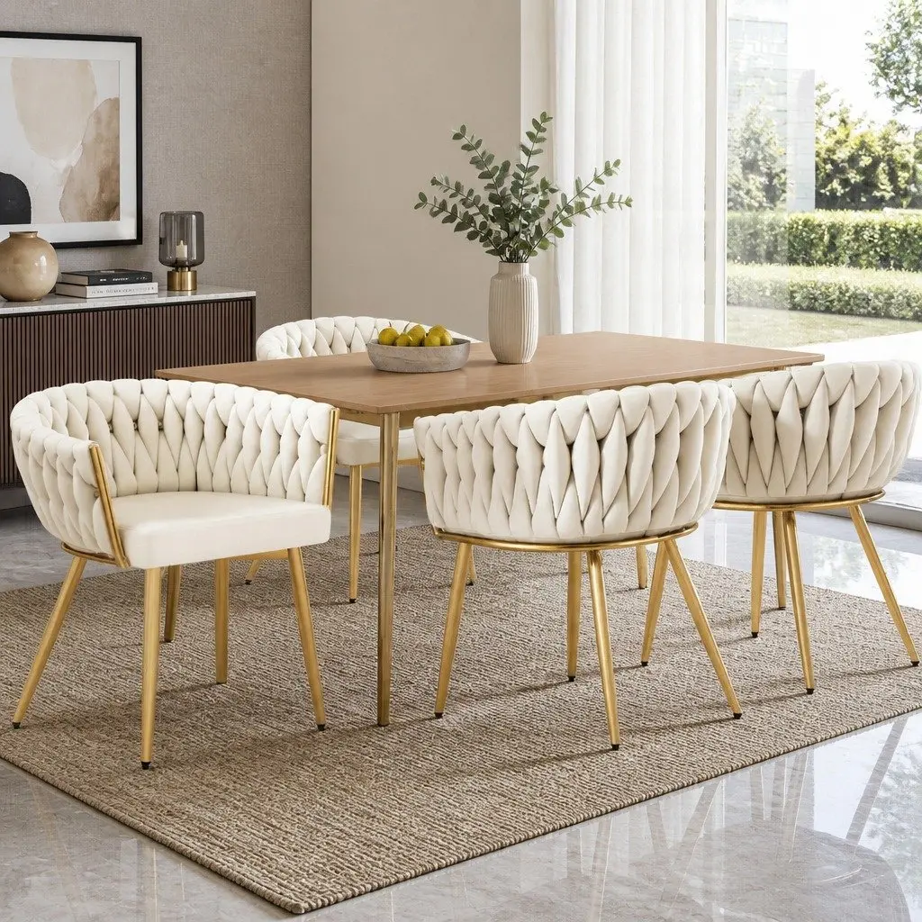 Beige Velvet Dining Chairs Set of 4 Armchair Kitchen Lounge Seat Furniture