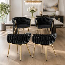 Set of 4 Black Velvet Dining Chairs with Armrests