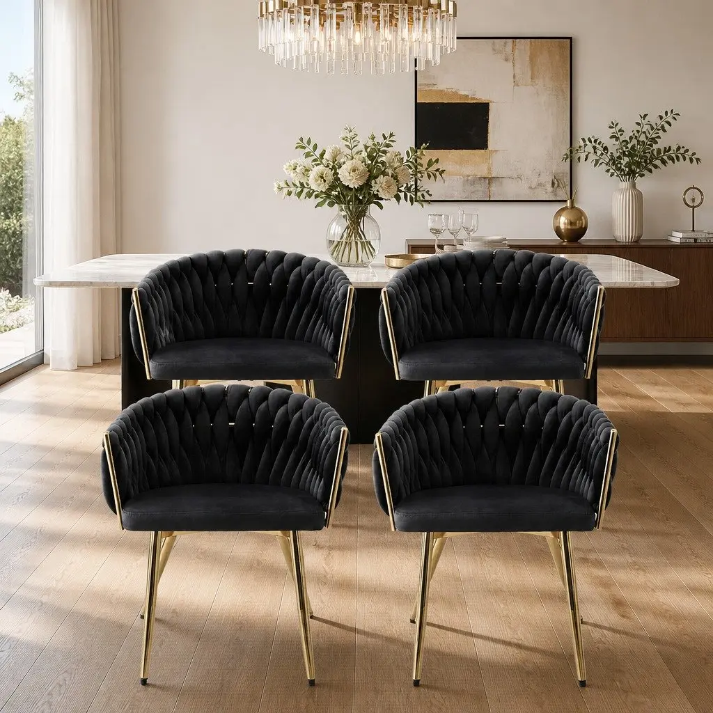 Dining Chairs Velvet Armchair Black 4 Piece Metal