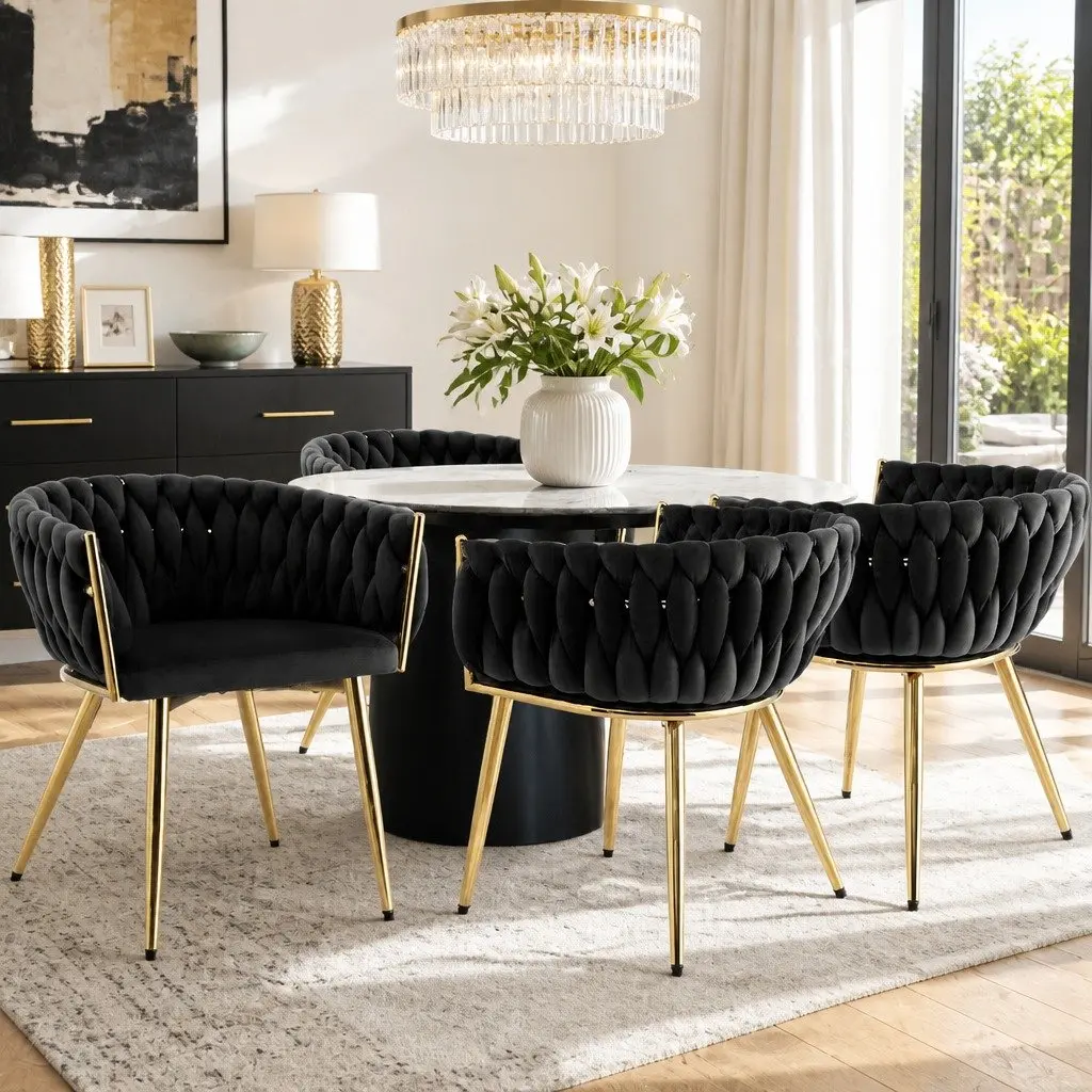 Dining Chairs Velvet Armchair Black 4 Piece Metal