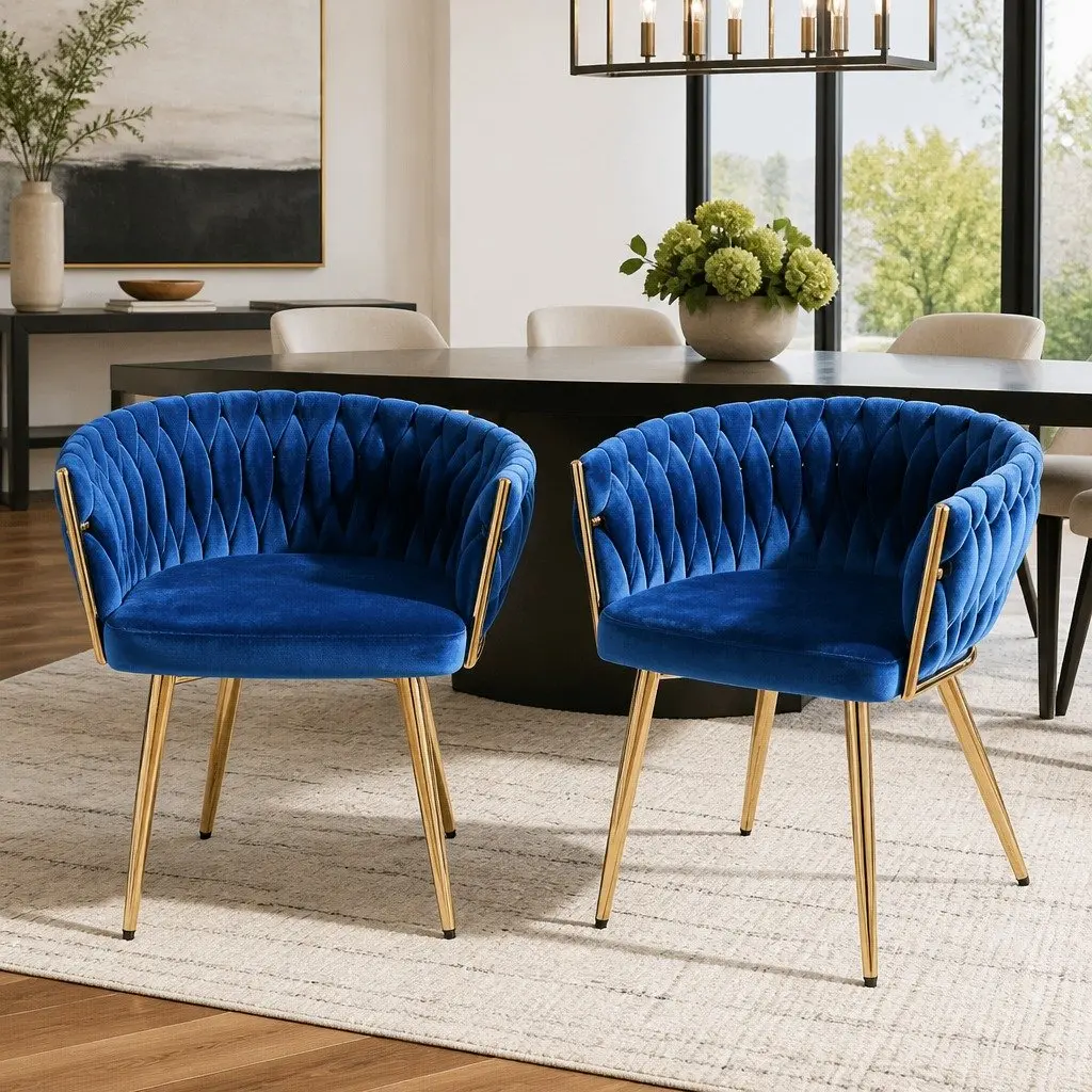 Dining Chairs Blue Velvet Armchair 60cm x 50cm x 69cm Solid Wood Construction
