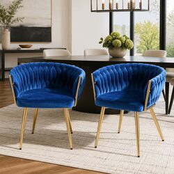 Set of 2 Blue Velvet Dining Armchairs with Hand-Woven Backrest