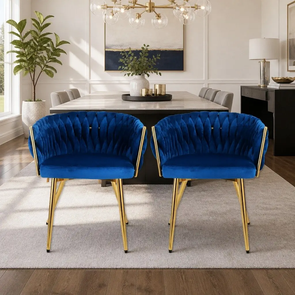 Dining Chairs Blue Velvet Armchair 60cm x 50cm x 69cm Solid Wood Construction