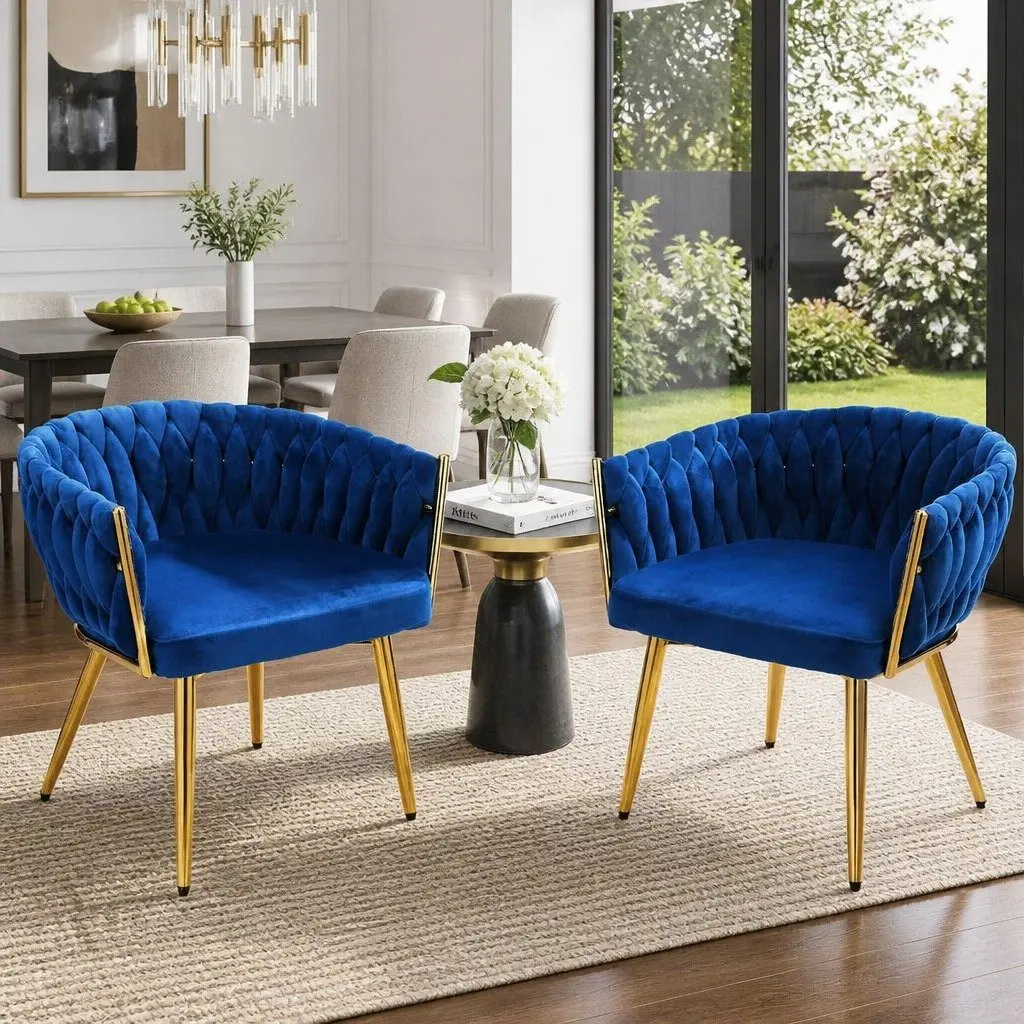 Dining Chairs Blue Velvet Armchair 60cm x 50cm x 69cm Solid Wood Construction