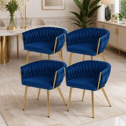 Set of 4 Blue Velvet Dining Chairs with Hand-Woven Backrest