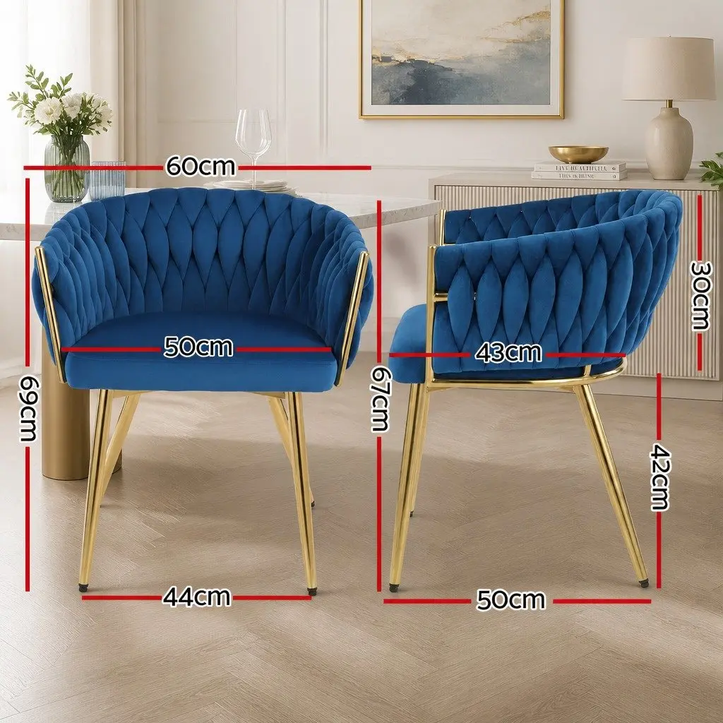 Dining Chairs Blue Velvet Armchair 60cm x 50cm x 69cm Hand-Woven Backrest
