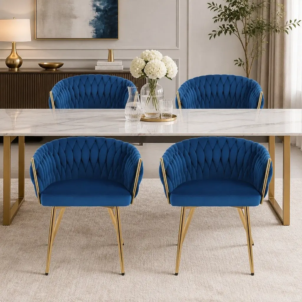 Dining Chairs Blue Velvet Armchair 60cm x 50cm x 69cm Hand-Woven Backrest