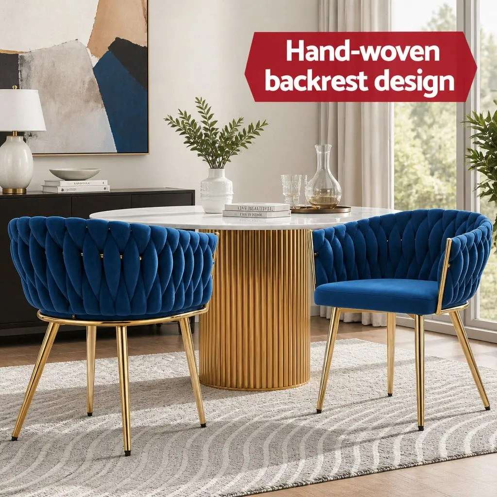 Dining Chairs Blue Velvet Armchair 60cm x 50cm x 69cm Hand-Woven Backrest