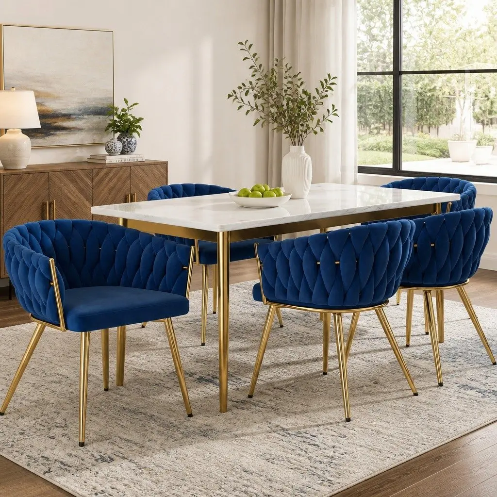 Dining Chairs Blue Velvet Armchair 60cm x 50cm x 69cm Hand-Woven Backrest