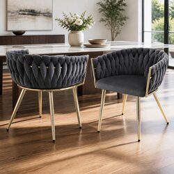 Set of 2 Grey Velvet Dining Chairs with Steel Legs