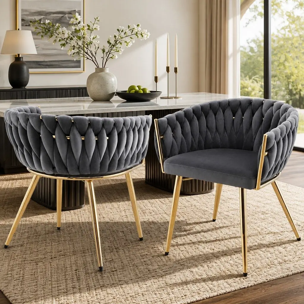 Dining Chairs Grey Velvet Armchair 60cm x 50cm x 69cm Metal