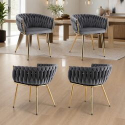 Set of 4 Grey Velvet Dining Chairs with Steel Legs