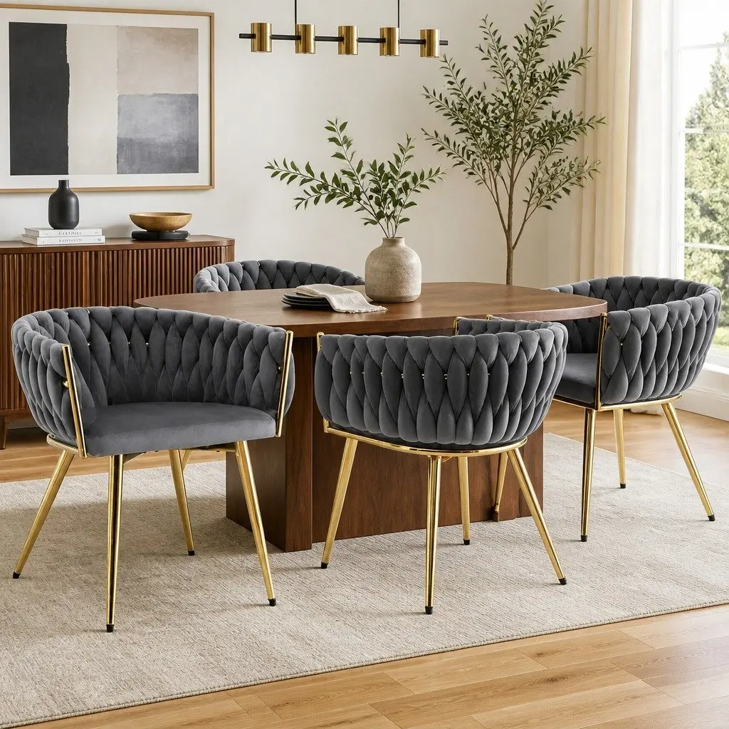 Dining Chairs Grey Velvet Armchair 4 Piece Steel Legs
