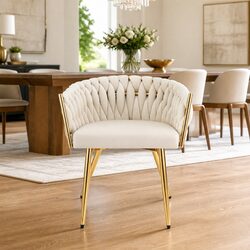 Beige Velvet Dining Chair with Armrests and Cushioned Backrest