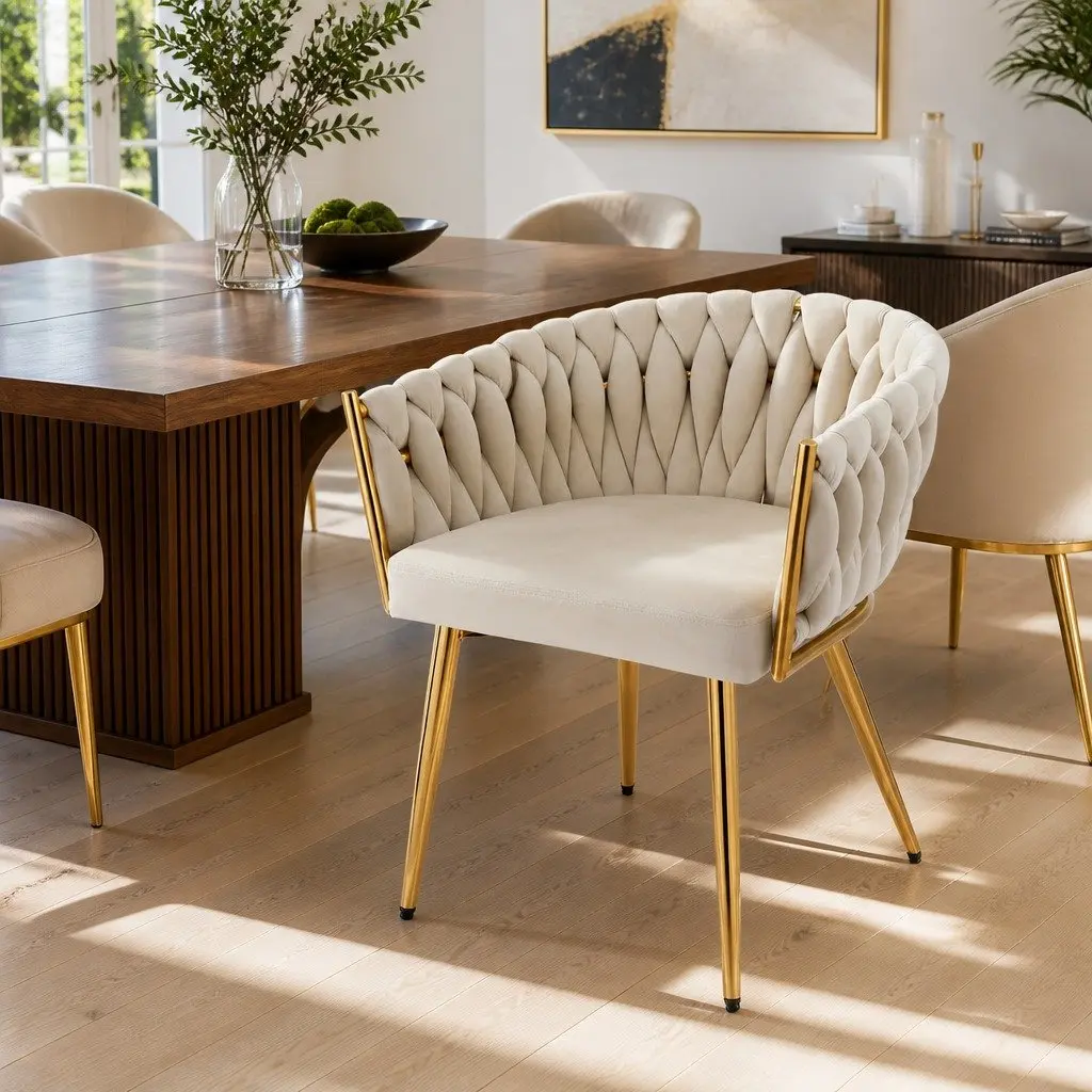 Dining Chair Velvet Beige Cushioned Backrest Armchair